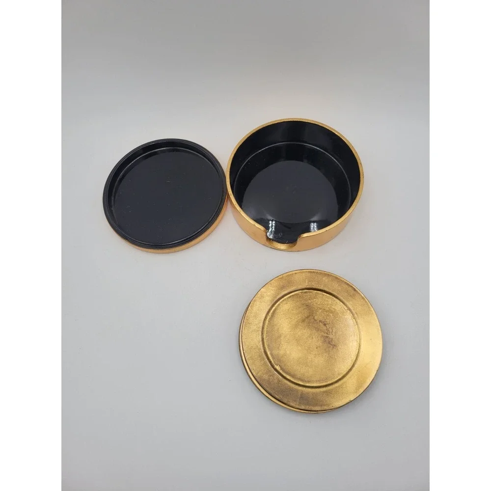 Vintage Gold & Black Lacquerware 5 Appetizer Snack‎ Plates In Holder